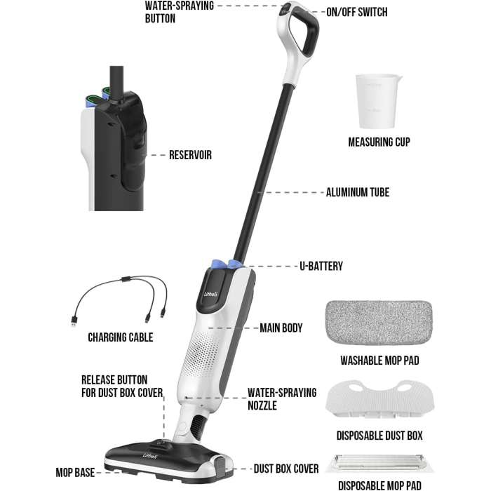 LiTHELi Cordless Vacuum Mop Cleaner, 2-in-1 Hard Floor Stick Vacuum, Wet Dry Mop, 2 Disposable Dust Boxes, 14 Disposable Pads & 1 Washable Pad, 2 Swappable 4000mAh Batteries - Image 8