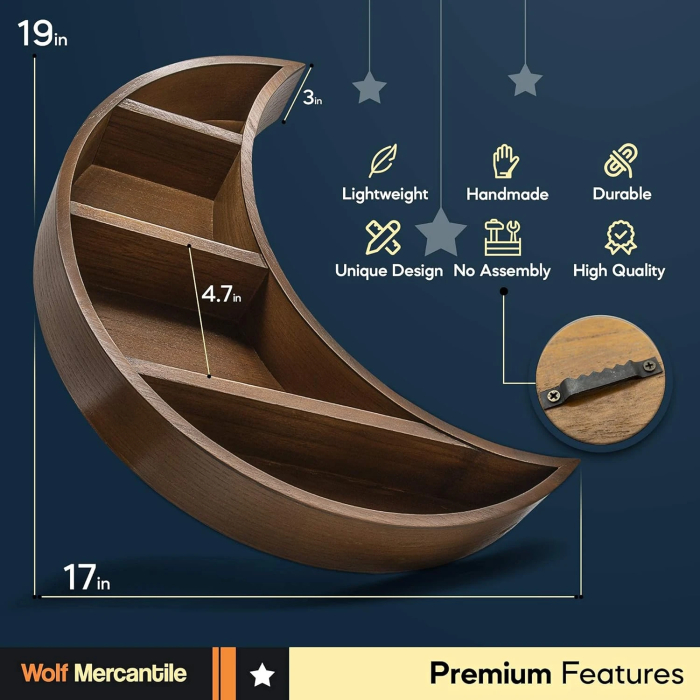 Handcrafted Wooden Crescent Moon Shelf - Features a True Crescent Moon Phase Shape on Natural Wood Tones - Unique Home Decor Floating Shelf for Rustic, Modern, and Nursery Themes - Size Large | 19x17 - Image 3