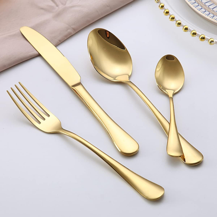 Golden Cutlery Set 24 Pieces,C&E Titanium Gold Plated Stainless Steel Tableware Set,Stainless Steel Flatware Set,Stainless Steel Flatware Silverware Sets,Dishwasher Safe. - Image 3