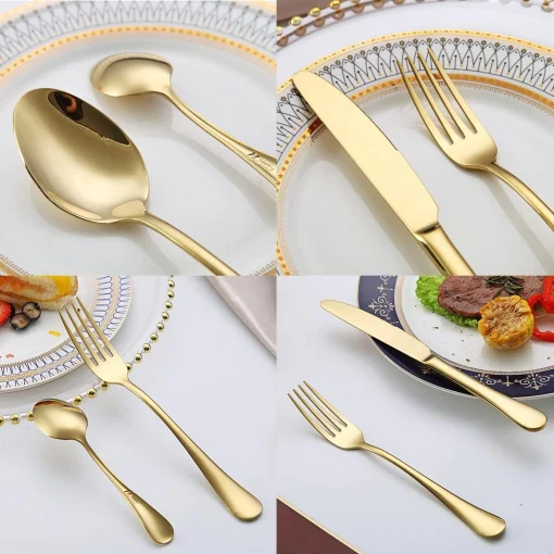 Golden Cutlery Set 24 Pieces,C&E Titanium Gold Plated Stainless Steel Tableware Set,Stainless Steel Flatware Set,Stainless Steel Flatware Silverware Sets,Dishwasher Safe. - Image 7