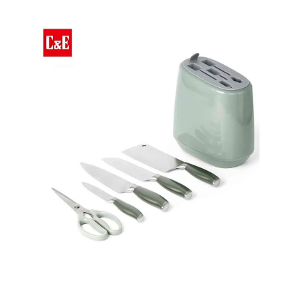 Kitchen knife set, 6-piece set of emerald green sharp knives, suitable for the kitchen, non-stick and anti-slip stainless steel kitchen knife set, with emerald green knife holder, suitable for home or dining room use