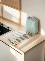 Kitchen knife set, 6-piece set of emerald green sharp knives, suitable for the kitchen, non-stick and anti-slip stainless steel kitchen knife set, with emerald green knife holder, suitable for home or dining room use - Image 4