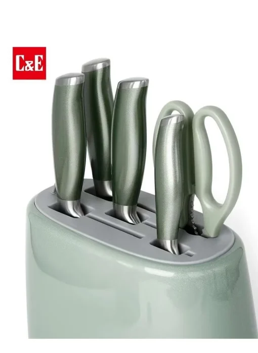 Kitchen knife set, 6-piece set of emerald green sharp knives, suitable for the kitchen, non-stick and anti-slip stainless steel kitchen knife set, with emerald green knife holder, suitable for home or dining room use - Image 2