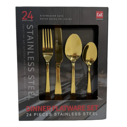 Golden Cutlery Set 24 Pieces,C&E Titanium Gold Plated Stainless Steel Tableware Set,Stainless Steel Flatware Set,Stainless Steel Flatware Silverware Sets,Dishwasher Safe.