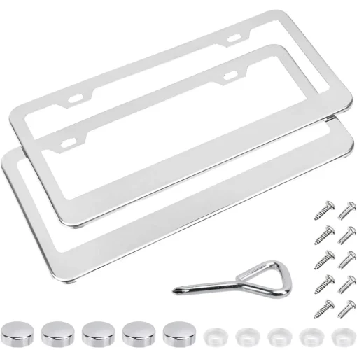Amazon Basics Stainless Steel License Plate Frame Pair with Screw Caps - 2-Hole, 12.2'' x 6.3'', Silver - Image 8