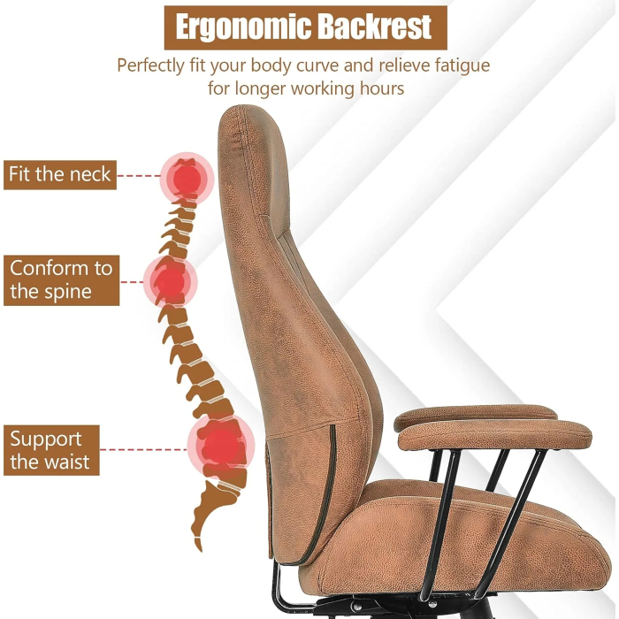 COSTWAY Executive Office Chair, Suede Fabric Ergonomic Height Adjustable Swivel Computer Desk Chair, 150° Reclining High Back Rolling Manager Task Chair for Home Office (Brown) - Image 8