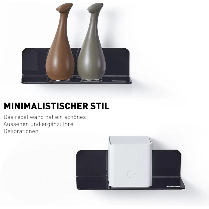 OAPRIRE Acrylic Floating Wall Shelves Set of 2, Damage-Free Expand Wall Space, Black Small Wall Shelf for Smart Speaker, Action Figures, Monitor with Cable Clips, Stick on, No Drill - Image 3