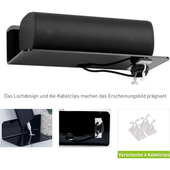 OAPRIRE Acrylic Floating Wall Shelves Set of 2, Damage-Free Expand Wall Space, Black Small Wall Shelf for Smart Speaker, Action Figures, Monitor with Cable Clips, Stick on, No Drill - Image 4