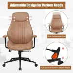 COSTWAY Executive Office Chair, Suede Fabric Ergonomic Height Adjustable Swivel Computer Desk Chair, 150° Reclining High Back Rolling Manager Task Chair for Home Office (Brown) - Image 6