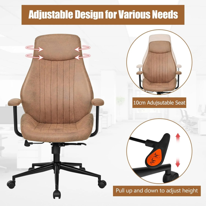 COSTWAY Executive Office Chair, Suede Fabric Ergonomic Height Adjustable Swivel Computer Desk Chair, 150° Reclining High Back Rolling Manager Task Chair for Home Office (Brown) - Image 6