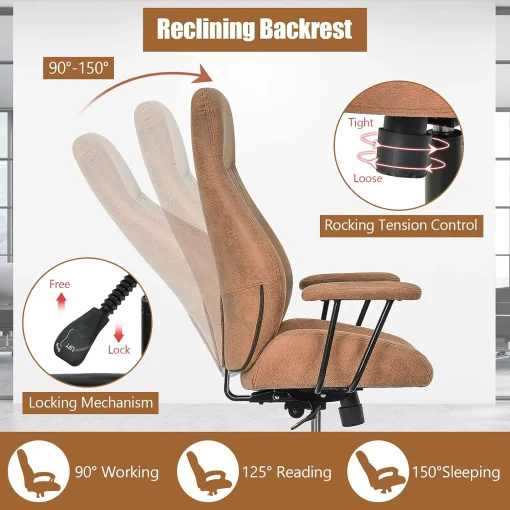 COSTWAY Executive Office Chair, Suede Fabric Ergonomic Height Adjustable Swivel Computer Desk Chair, 150° Reclining High Back Rolling Manager Task Chair for Home Office (Brown) - Image 5