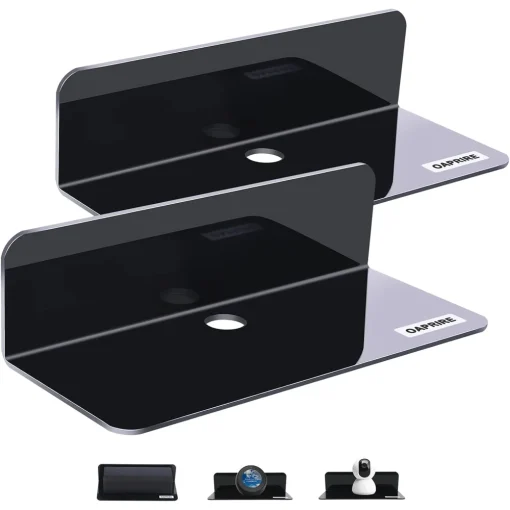 OAPRIRE Acrylic Floating Wall Shelves Set of 2, Damage-Free Expand Wall Space, Black Small Wall Shelf for Smart Speaker, Action Figures, Monitor with Cable Clips, Stick on, No Drill - Image 6