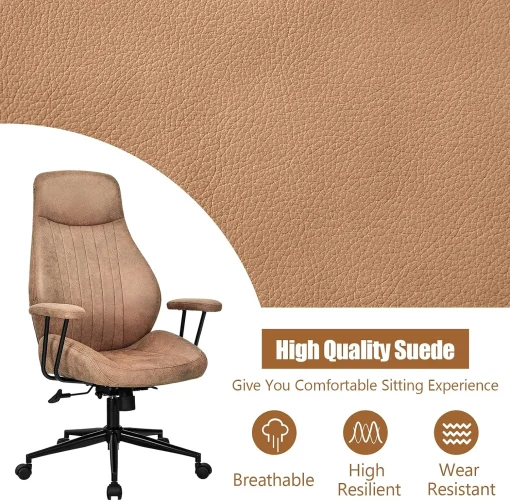 COSTWAY Executive Office Chair, Suede Fabric Ergonomic Height Adjustable Swivel Computer Desk Chair, 150° Reclining High Back Rolling Manager Task Chair for Home Office (Brown) - Image 4