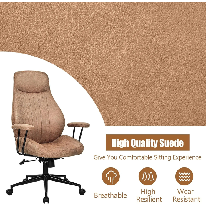COSTWAY Executive Office Chair, Suede Fabric Ergonomic Height Adjustable Swivel Computer Desk Chair, 150° Reclining High Back Rolling Manager Task Chair for Home Office (Brown) - Image 4