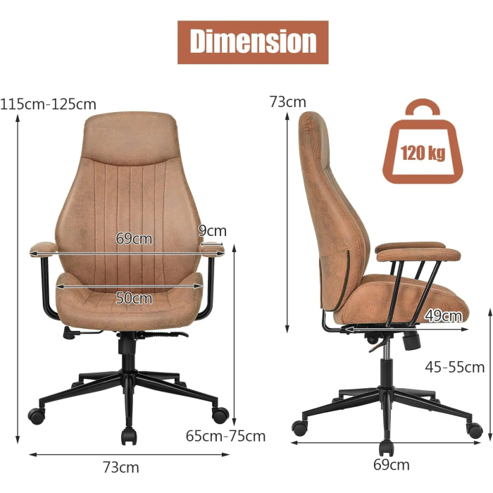 COSTWAY Executive Office Chair, Suede Fabric Ergonomic Height Adjustable Swivel Computer Desk Chair, 150° Reclining High Back Rolling Manager Task Chair for Home Office (Brown) - Image 3