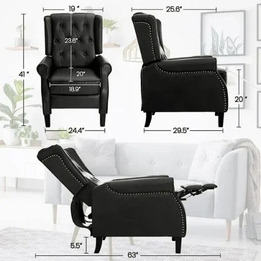 BALICHUN Leather Recliner Chair, Black Accent Chair, Wingback Push Back Recliner Chair for Living Room or Bedroom, Massage Recliner Chair for Adults, Small Single Reclining Sofa Lounge (Black) - Image 3