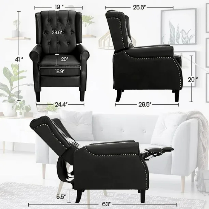 BALICHUN Leather Recliner Chair, Black Accent Chair, Wingback Push Back Recliner Chair for Living Room or Bedroom, Massage Recliner Chair for Adults, Small Single Reclining Sofa Lounge (Black) - Image 3