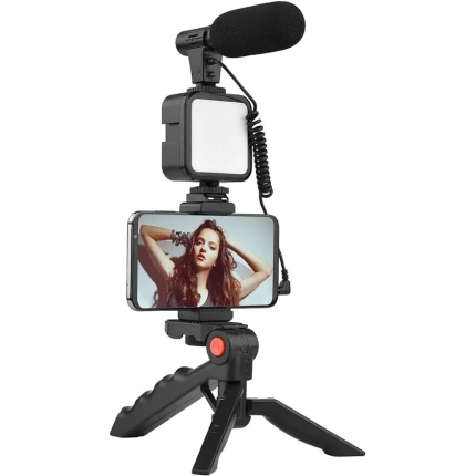 ideo Recording Kit with Microphone, Mini Tripod, LED Light, and Mobile Phone Holder Clip for Video Making, Black AY-49