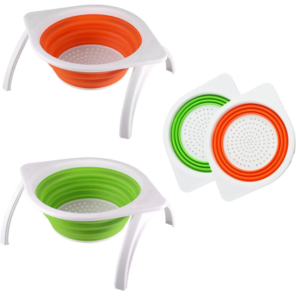 Collapsible Silicone Colander with Bracket, 4.5 Quart Kitchen Vegetable and Fruit Washing Basket, Drainer Tool (Green and Orange)