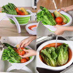 Collapsible Silicone Colander with Bracket, 4.5 Quart Kitchen Vegetable and Fruit Washing Basket, Drainer Tool (Green and Orange) - Image 6