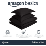 Amazon Basics Lightweight Microfiber 3-Piece Duvet Cover Set with Zipper Closure, Full/Queen, Black, Solid - Image 2