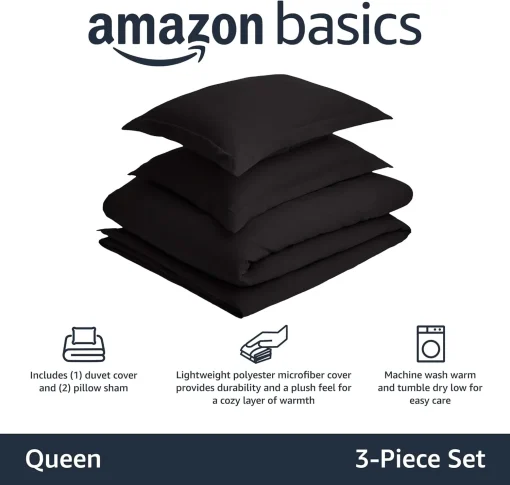 Amazon Basics Lightweight Microfiber 3-Piece Duvet Cover Set with Zipper Closure, Full/Queen, Black, Solid - Image 2