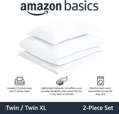 Amazon Basics Lightweight 2 Piece Microfiber Duvet Cover Set with Zipper Closure, Twin/Twin XL, Bright White, Solid - Image 2