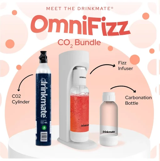 Drinkmate OmniFizz Sparkling Water and Soda Maker, Carbonates Any Drink, Special Bundle - Includes 60L CO2 Cylinder, Two Carbonation Bottles, and Fizz Infuser (Classic White) - Image 4