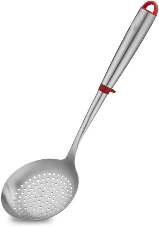 SUPOR Strainer Stainless Steel Colander Serving Spoons, Ladle Set Colander with Red Anti-scald Silicone Ring Kitchen Tool 14.4"x 4.8" (Silver) Skimmer Ladle - Image 2