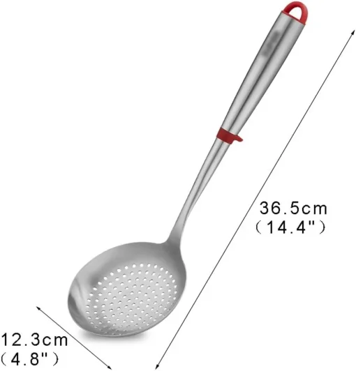 SUPOR Strainer Stainless Steel Colander Serving Spoons, Ladle Set Colander with Red Anti-scald Silicone Ring Kitchen Tool 14.4"x 4.8" (Silver) Skimmer Ladle - Image 3