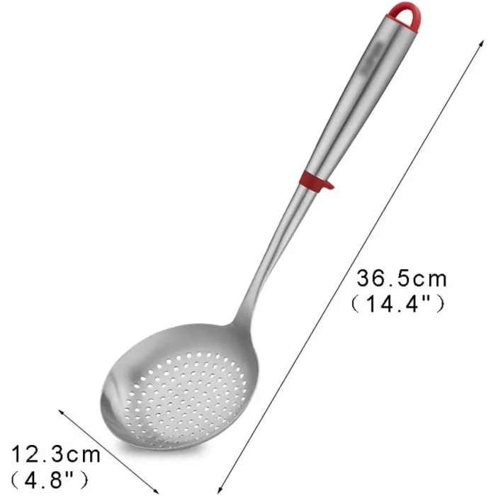 SUPOR Strainer Stainless Steel Colander Serving Spoons, Ladle Set Colander with Red Anti-scald Silicone Ring Kitchen Tool 14.4"x 4.8" (Silver) Skimmer Ladle - Image 3