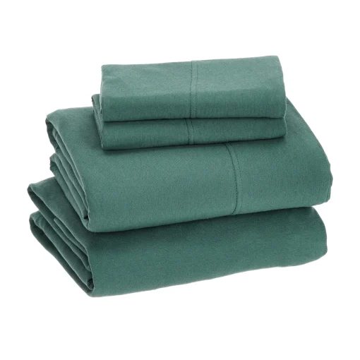 Amazon Basics Cotton Jersey 4-Piece Bed Sheet Set, Full, Dark Green, Solid - Image 2