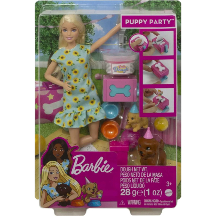 Barbie Doll (11.5-Inch Blonde) and Puppy Party Playset with 2 Pet Puppies, Dough, Cake Mold and Accessories, Gift for 3 to 7 Year Olds