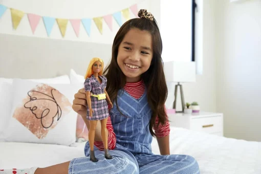 Barbie Fashionistas Doll #161, Curvy with Orange Hair, Pink Plaid Dress & Accessories Including Black Boots & Yellow Fanny Pack - Image 3