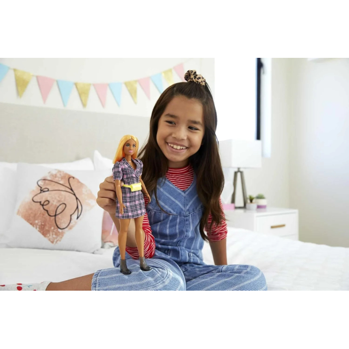 Barbie Fashionistas Doll #161, Curvy with Orange Hair, Pink Plaid Dress & Accessories Including Black Boots & Yellow Fanny Pack - Image 3