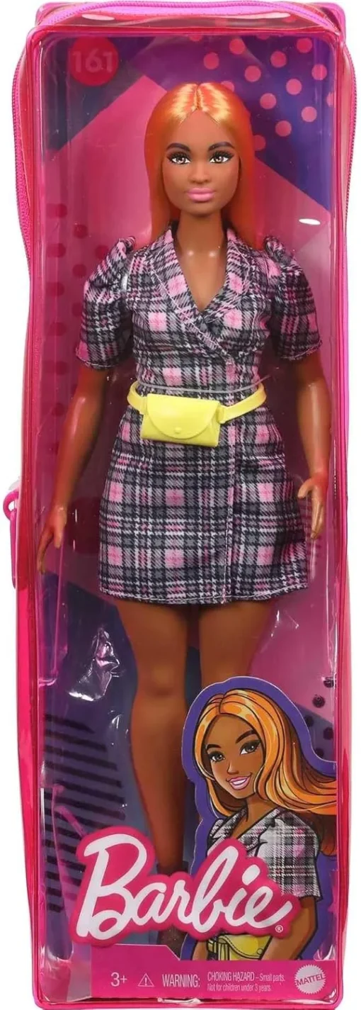 Barbie Fashionistas Doll #161, Curvy with Orange Hair, Pink Plaid Dress & Accessories Including Black Boots & Yellow Fanny Pack - Image 7