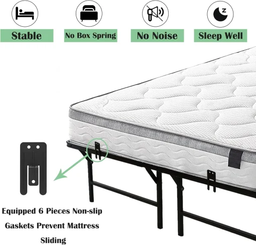 Tower Metal Bed Frame, King Size, 14" Height, Non-Slip Design, Silent Design, Metal Platform Bed, Easy Assembly, No Box Spring Required, Black (King) - Image 4