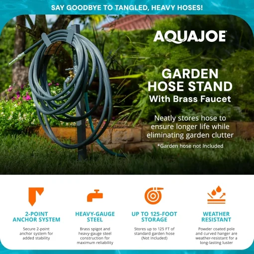 Aqua Joe Steel Garden Hose Stand with Brass Faucet and Quick Install Anchor Base, Gray - Heavy-Duty Standing Tool for Garage, Backyard, and Patio - Outdoor Gardening System Accessories - Image 3
