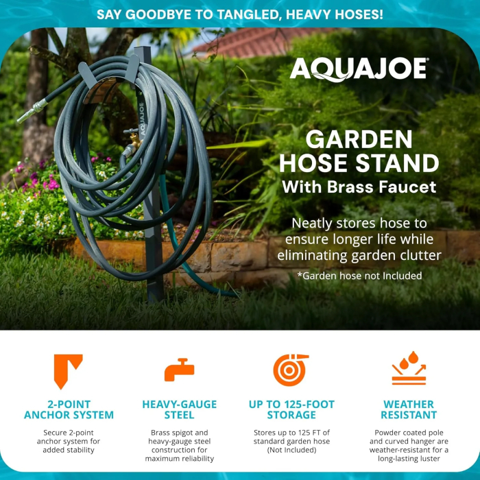 Aqua Joe Steel Garden Hose Stand with Brass Faucet and Quick Install Anchor Base, Gray - Heavy-Duty Standing Tool for Garage, Backyard, and Patio - Outdoor Gardening System Accessories - Image 3