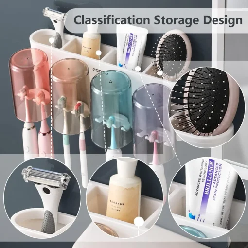 Toothbrush Holder for Bathroom Wall Mounted - Toothbrush Holders - Bathroom Toothbrush Holder Set - Bathroom Organizer Storage Accessories Set for Kids with Magnetic Cup and Toothbrush Organizer Slots - Image 2