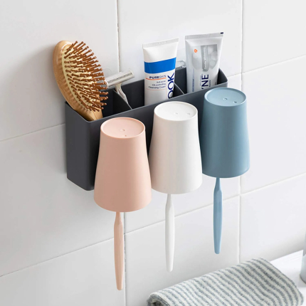 OHELIGO Fancy 3 Cups Anti-dust Toothbrush Holder with Toothpaste Rack Organizer Wall Mount self-Adhesive Magic Sticker Glue in Home Decor for Bathroom washbasin Accessories in Plastic
