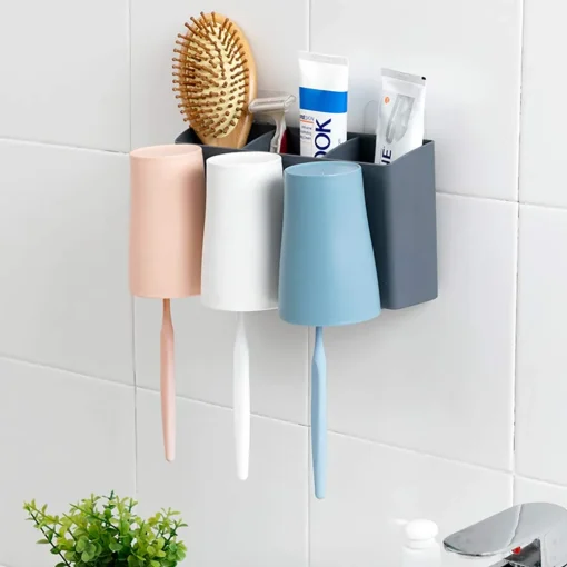 OHELIGO Fancy 3 Cups Anti-dust Toothbrush Holder with Toothpaste Rack Organizer Wall Mount self-Adhesive Magic Sticker Glue in Home Decor for Bathroom washbasin Accessories in Plastic - Image 3