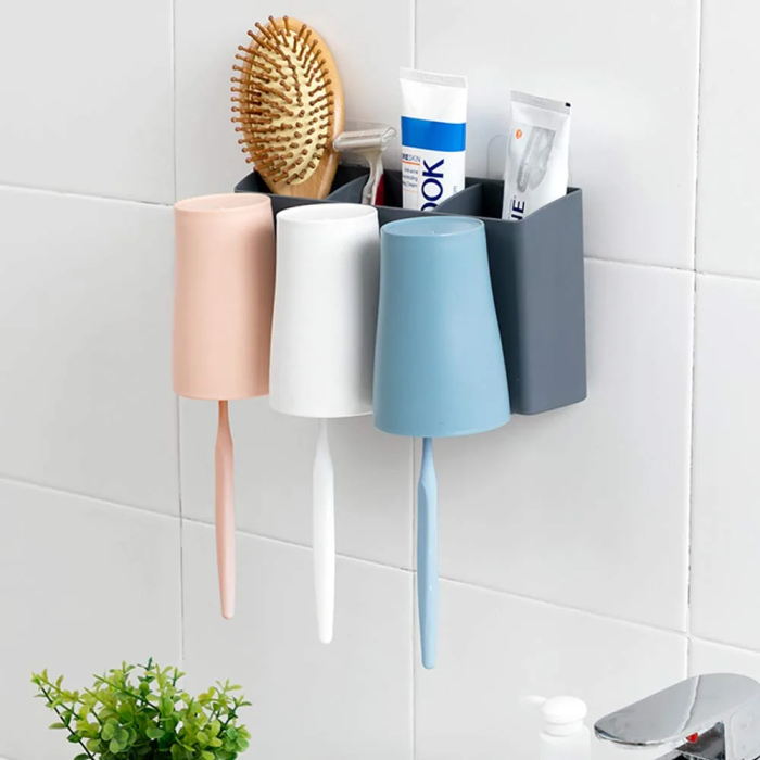 OHELIGO Fancy 3 Cups Anti-dust Toothbrush Holder with Toothpaste Rack Organizer Wall Mount self-Adhesive Magic Sticker Glue in Home Decor for Bathroom washbasin Accessories in Plastic - Image 3