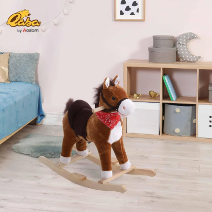 Qaba Kids Ride on Rocking Horse Plush Toy with Realistic Sounds and Red Scarf for Over 3 Years Old Birth Gift