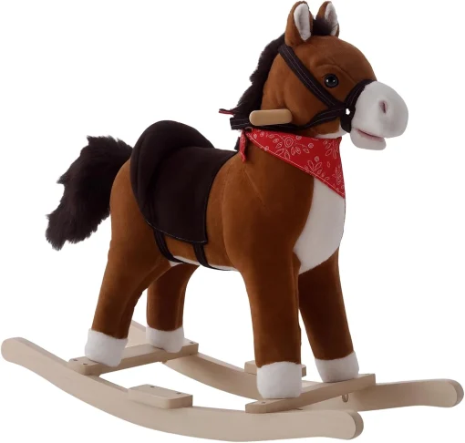 Qaba Kids Ride on Rocking Horse Plush Toy with Realistic Sounds and Red Scarf for Over 3 Years Old Birth Gift - Image 2