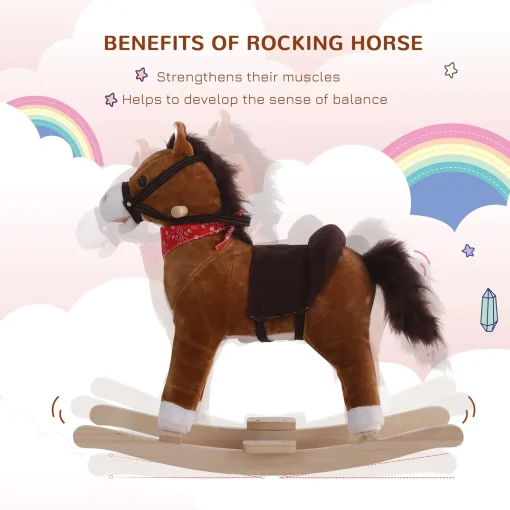 Qaba Kids Ride on Rocking Horse Plush Toy with Realistic Sounds and Red Scarf for Over 3 Years Old Birth Gift - Image 3