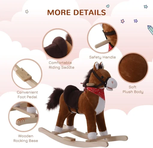 Qaba Kids Ride on Rocking Horse Plush Toy with Realistic Sounds and Red Scarf for Over 3 Years Old Birth Gift - Image 5