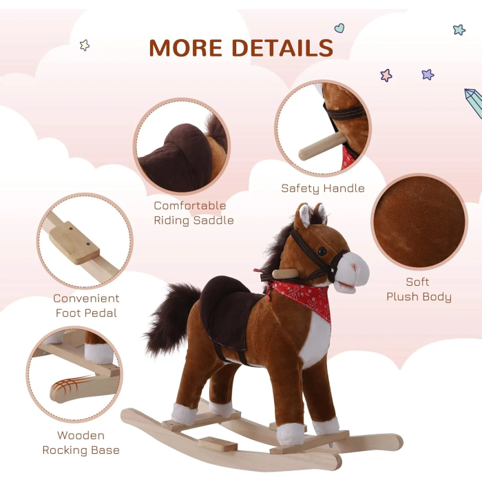 Qaba Kids Ride on Rocking Horse Plush Toy with Realistic Sounds and Red Scarf for Over 3 Years Old Birth Gift - Image 5