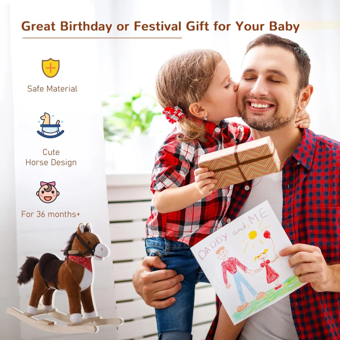 Qaba Kids Ride on Rocking Horse Plush Toy with Realistic Sounds and Red Scarf for Over 3 Years Old Birth Gift - Image 6