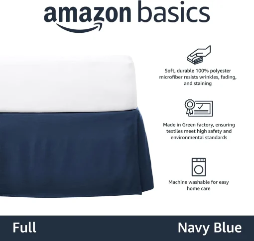 Amazon Basics Lightweight Pleated Bed Skirt, Full, Navy Blue, Soli - Image 3